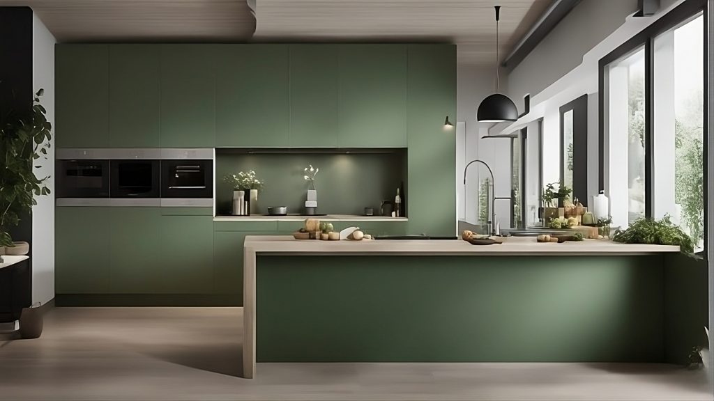 una cucina spaziosa e luminosa con pareti dipinte in una delicata tonalità di verde salvia.
