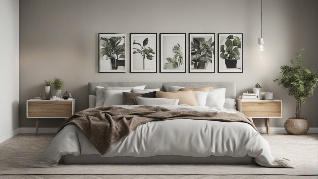 Camera da letto personalizzata con quadri, piante e cuscini decorativi.