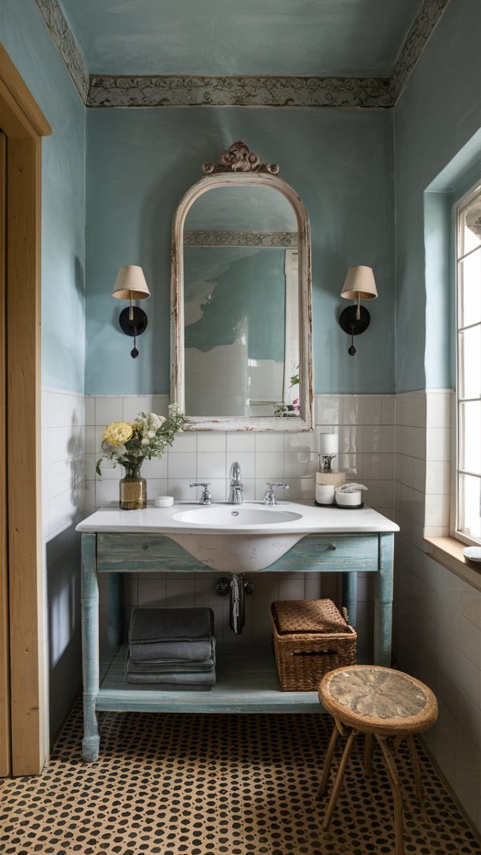 Un vecchio specchio viene rinnovato con una cornice dipinta in stile shabby chic.